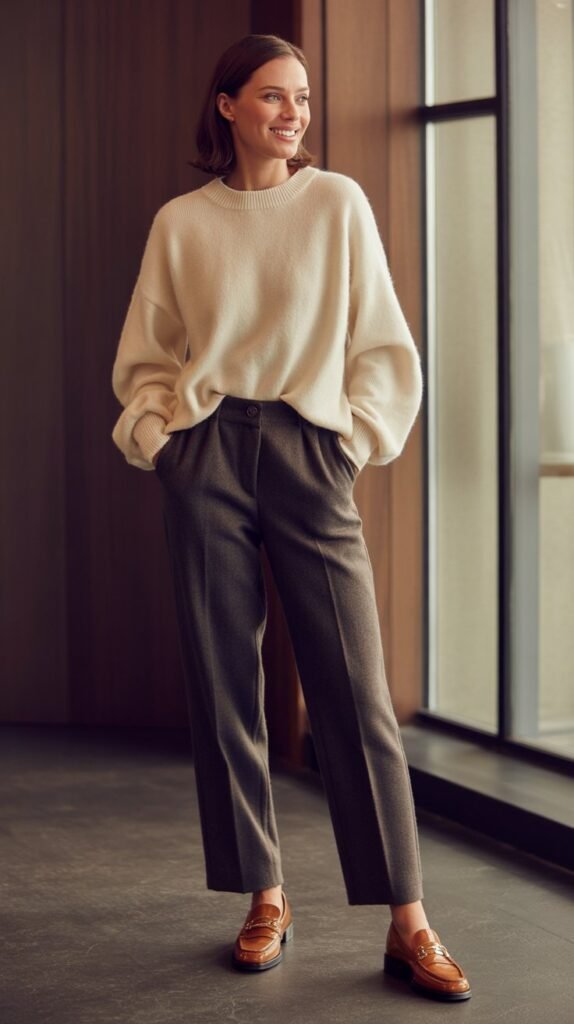 Cashmere Sweater with Wool Trousers and Loafers