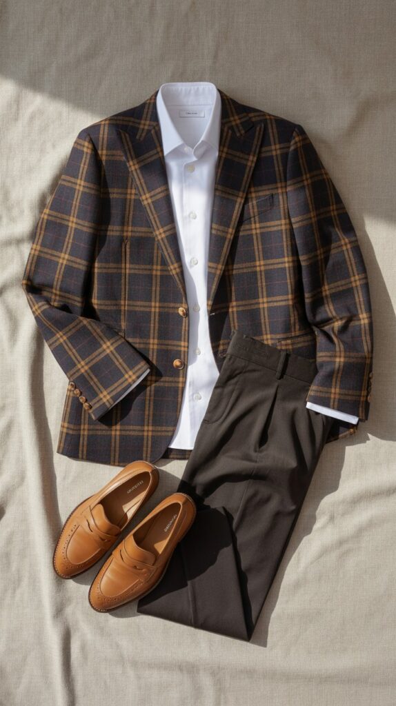 28 Classy Winter Outfits for Women for an Elegant Cold-Weather Look 4 Plaid Blazer and White Button-Down Combination