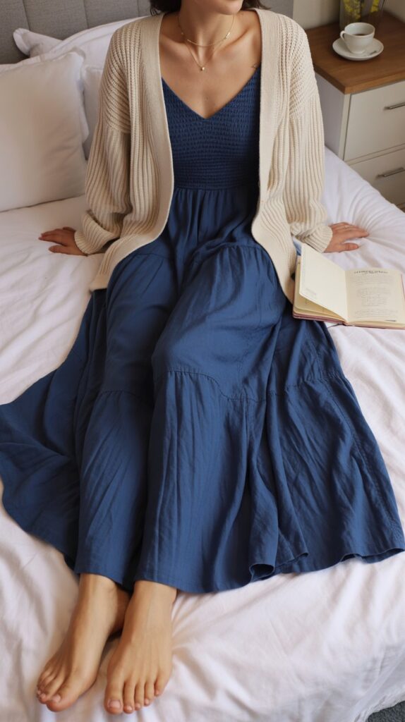 27 Stylish Self Care Sunday Outfits for Every Occasion 6 Maxi Dress and Cardigan Layer