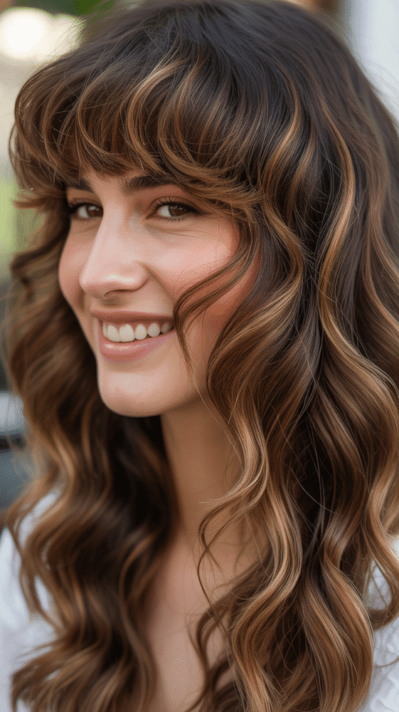 Caramel Highlights on Brown Waves with Bangs
