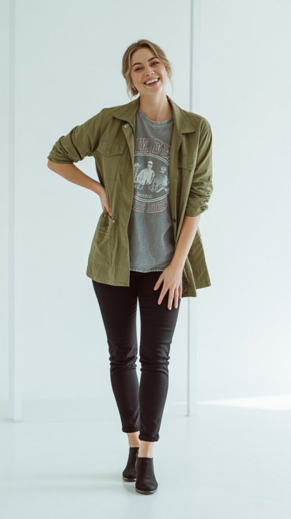 Utility Jacket with Graphic Tee and Black Jeans