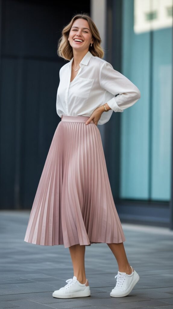 Midi Skirt Meets Sneakers for Unexpected Elegance