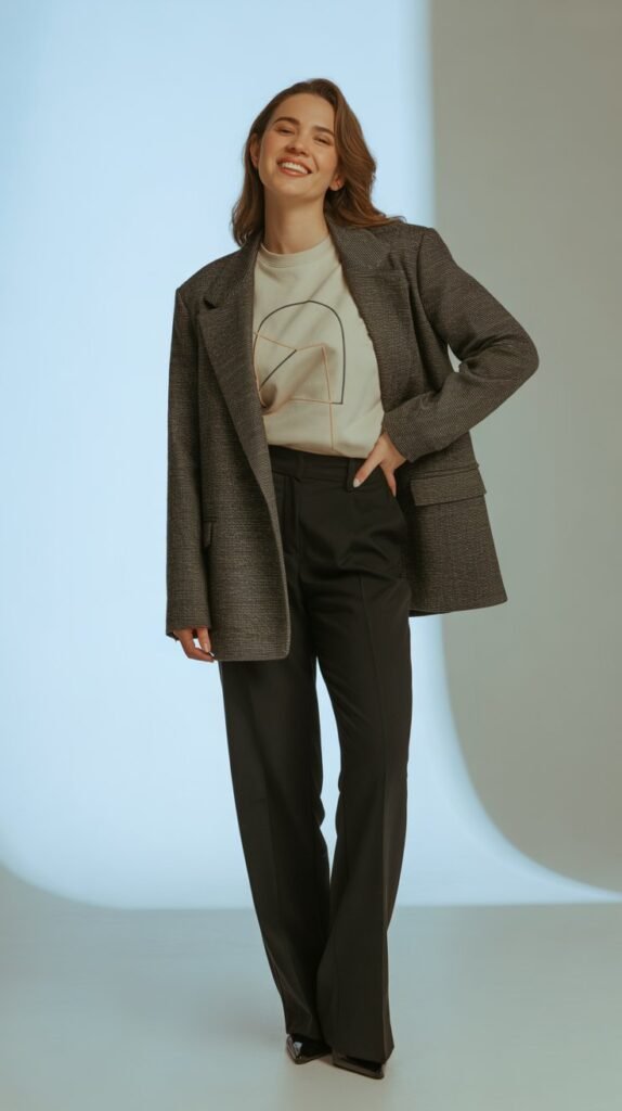 Blazer with Graphic Sweatshirt and Tailored Pants