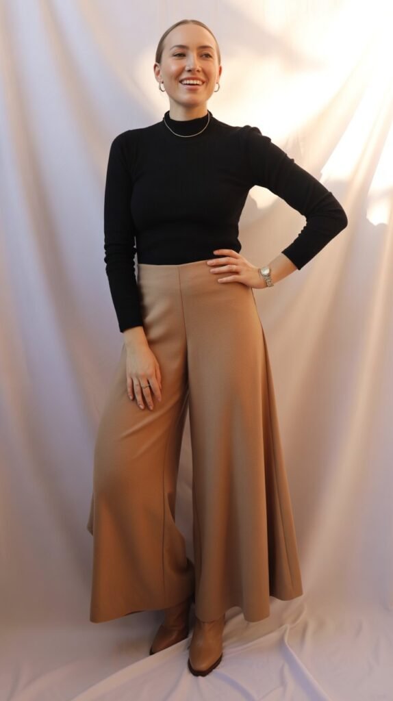 Black Mock Neck with Camel Culottes
