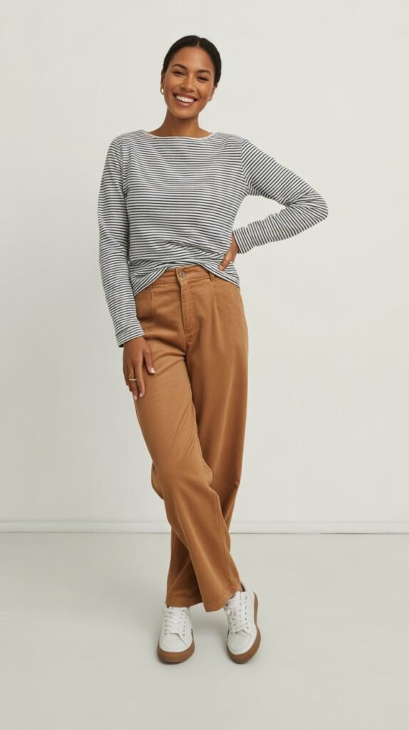 Corduroy Pants with Striped Top and Sneakers