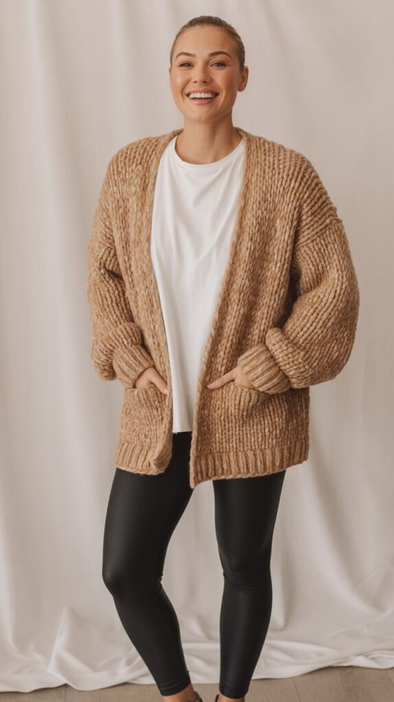 3. Chunky Cardigan with White Tee and Leggings