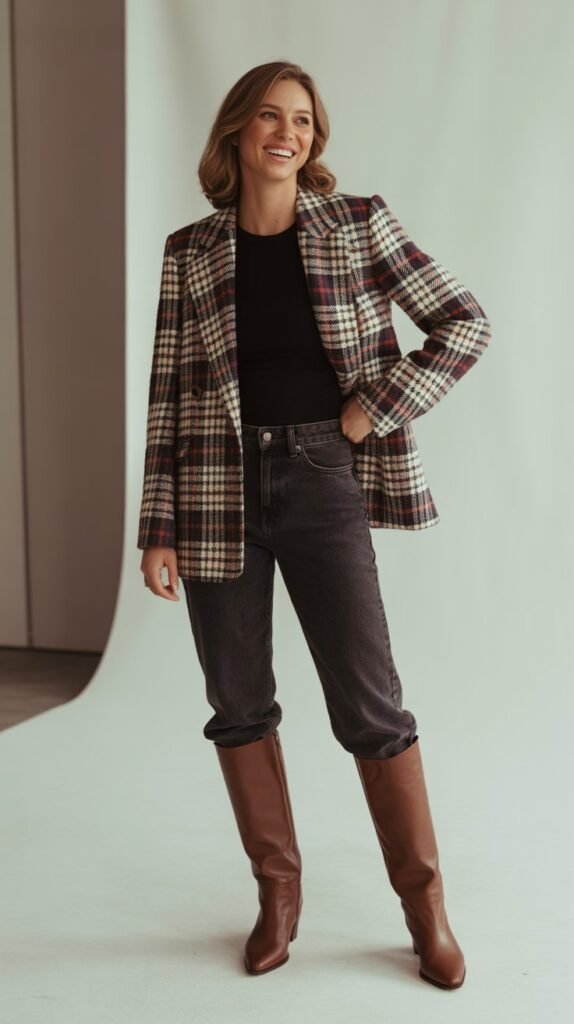 4. Plaid Blazer with Dark Denim and Boots