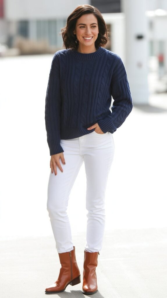 Navy Sweater with White Jeans and Cognac Boots