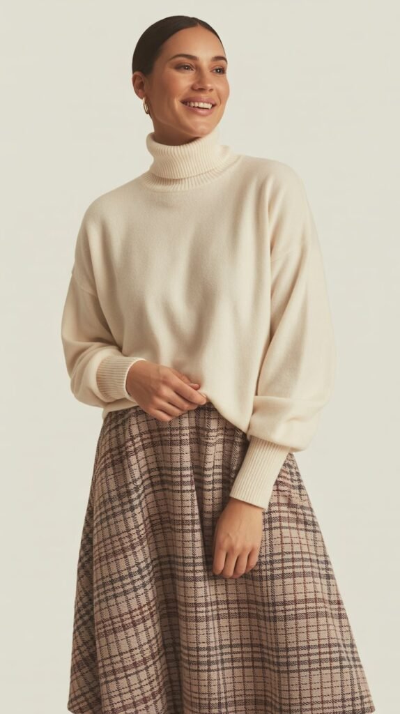 Cream Turtleneck with Plaid Midi Skirt