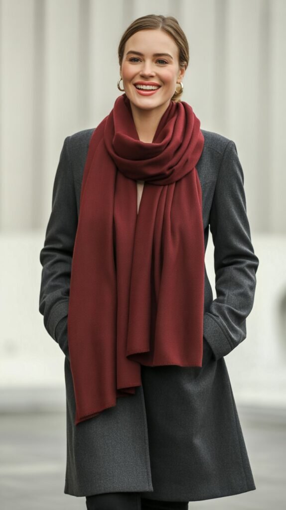  Charcoal Coat with Burgundy Scarf Accent