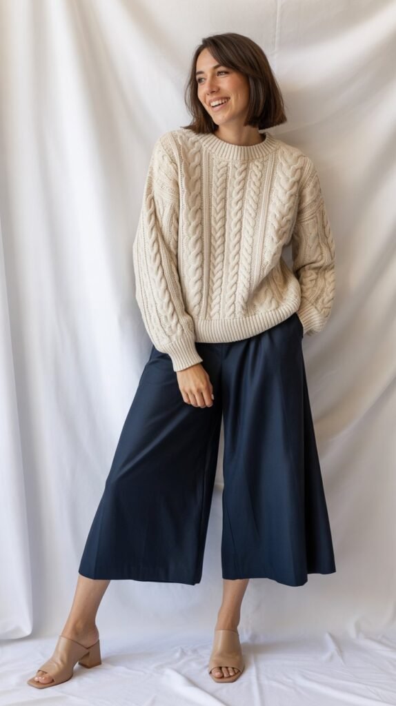 Cable Knit Sweater with Culottes and Mules
