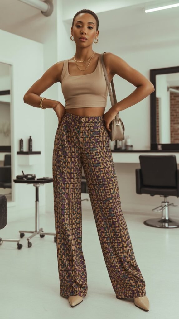 Printed Pants with Solid Crop Top