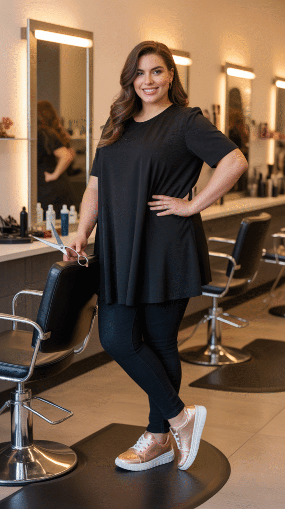 32 Flattering Plus-Size Hairstylist Outfits for Work 27 Footwear-Forward Outfit Planning