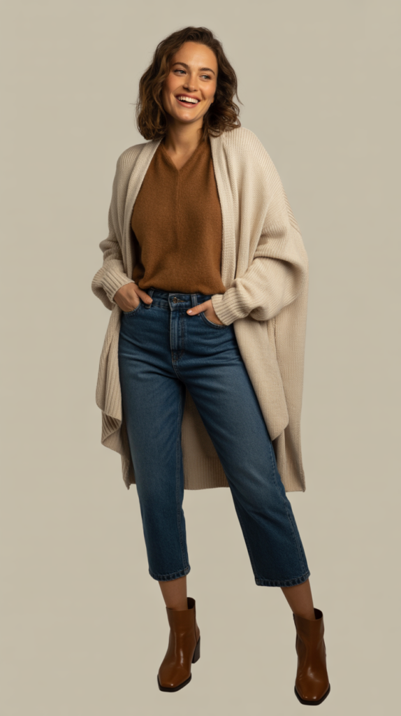 Cropped Jeans with Ankle Boots and Long Cardigan