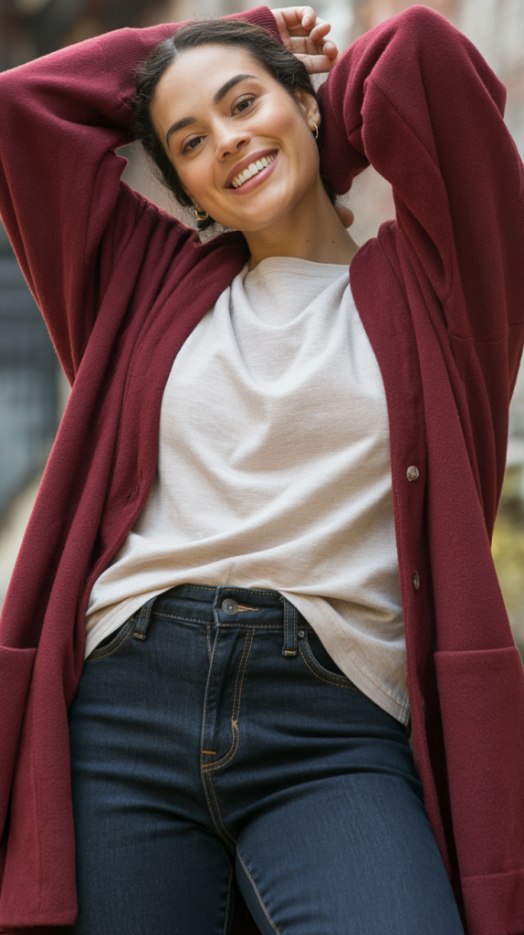 Dark Denim with Burgundy Cardigan