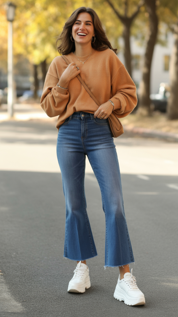 Cropped Flare Jeans with Platform Sneakers