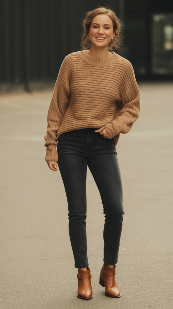 Dark Jeans with Camel Sweater and Ankle Boots