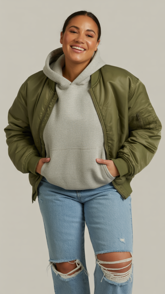 Distressed Jeans with Hoodie and Bomber Jacket