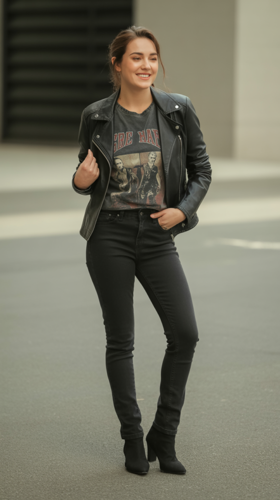 Black Jeans with Leather Jacket and Band Tee