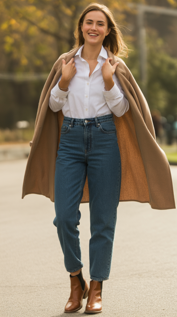 High-Waisted Jeans with Tucked-In Button-Down Shirt