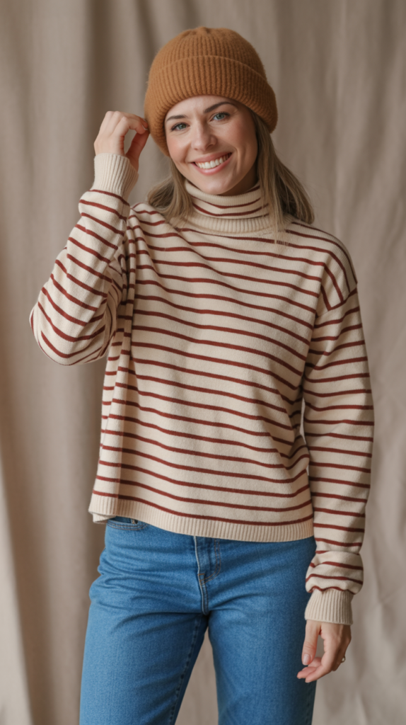 Jeans with Striped Turtleneck and Beanie