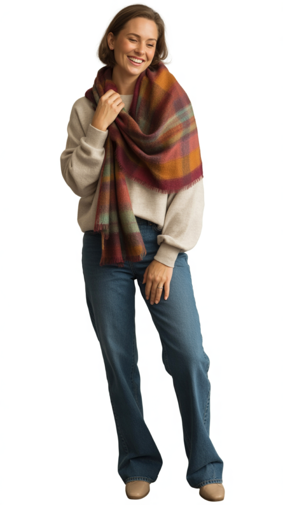 Straight-Leg Jeans with Plaid Scarf and Neutral Top