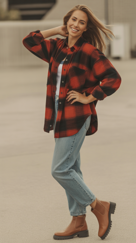 Light Jeans with Chunky Boots and Oversized Flannel