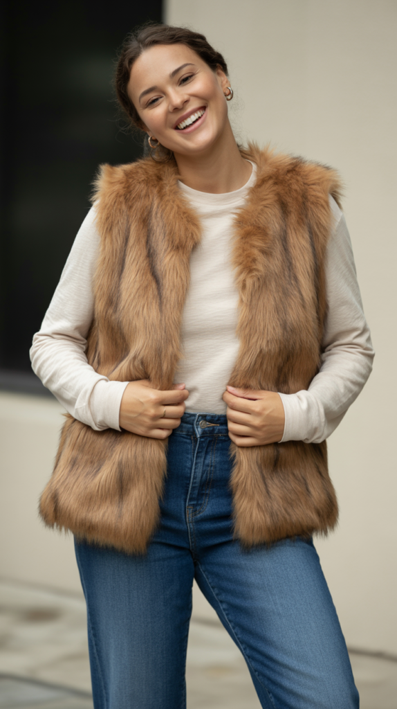 Jeans with Faux Fur Vest and Long-Sleeve Tee