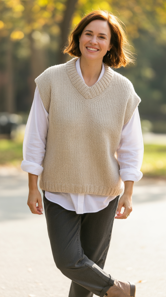 Sweater Vest Over Long-Sleeve Shirt