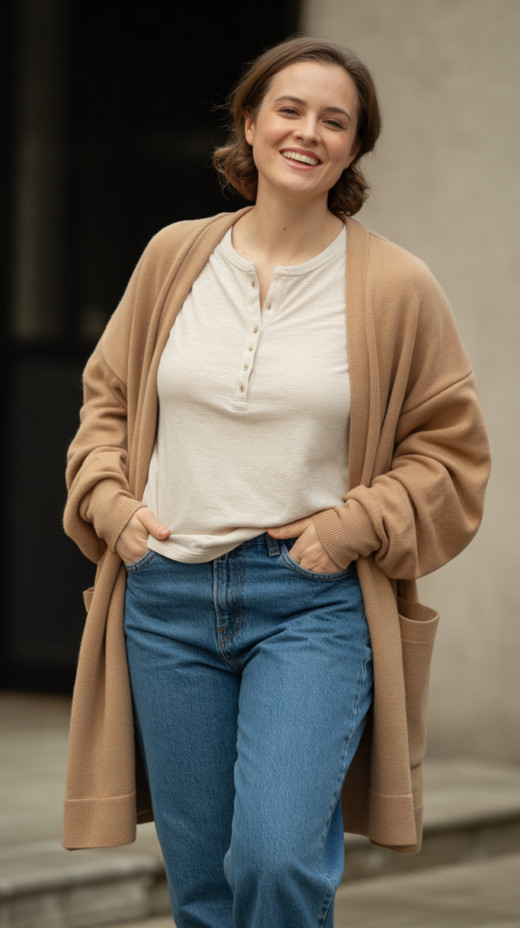 Medium-Wash Jeans with Henley and Cardigan