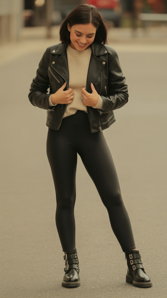 Leather Jacket with Leggings and Combat Boots