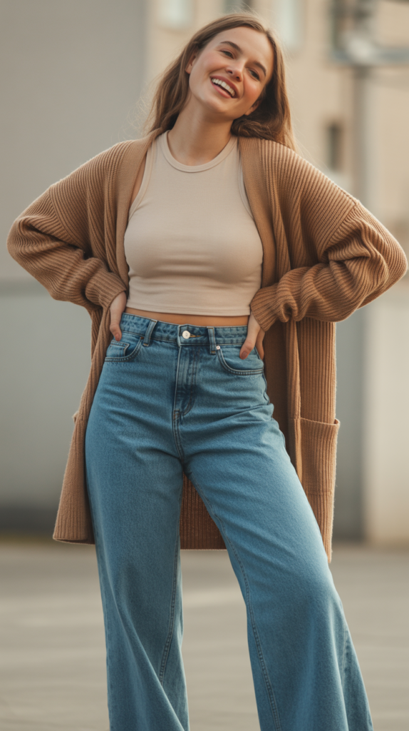 Wide-Leg Jeans with Fitted Crop Top and Cardigan