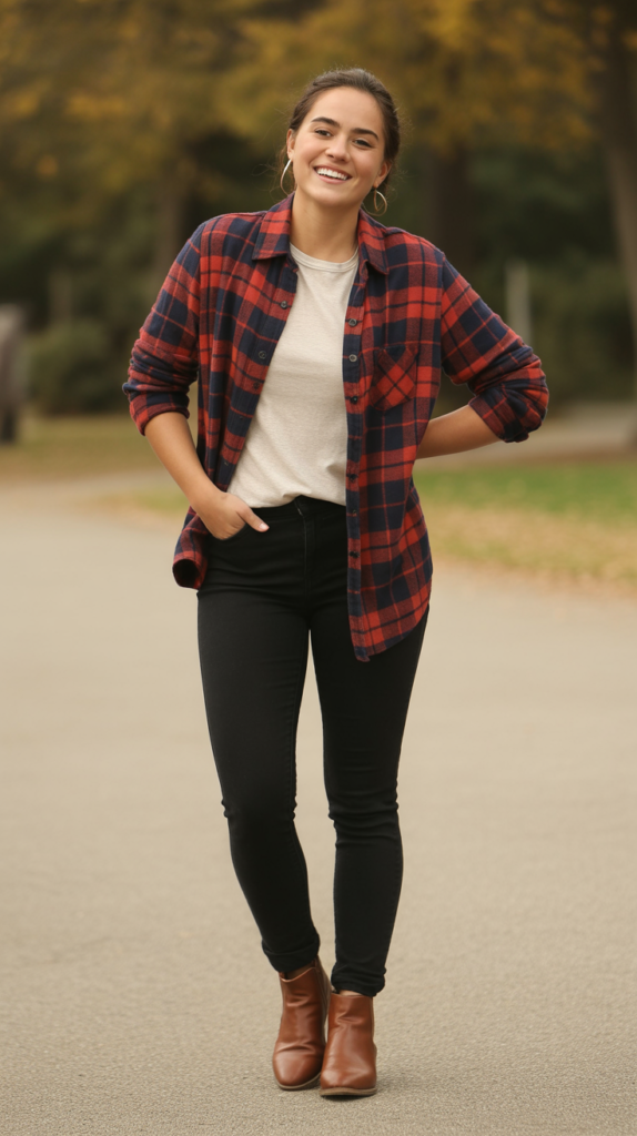 Black Skinny Jeans with Plaid Flannel Shirt