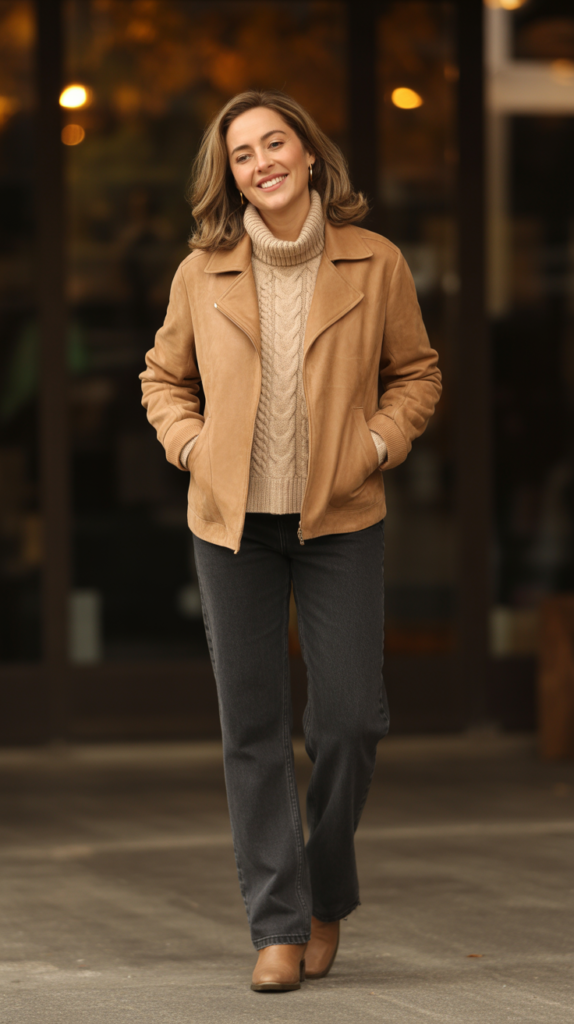 Suede Jacket with Turtleneck and Jeans