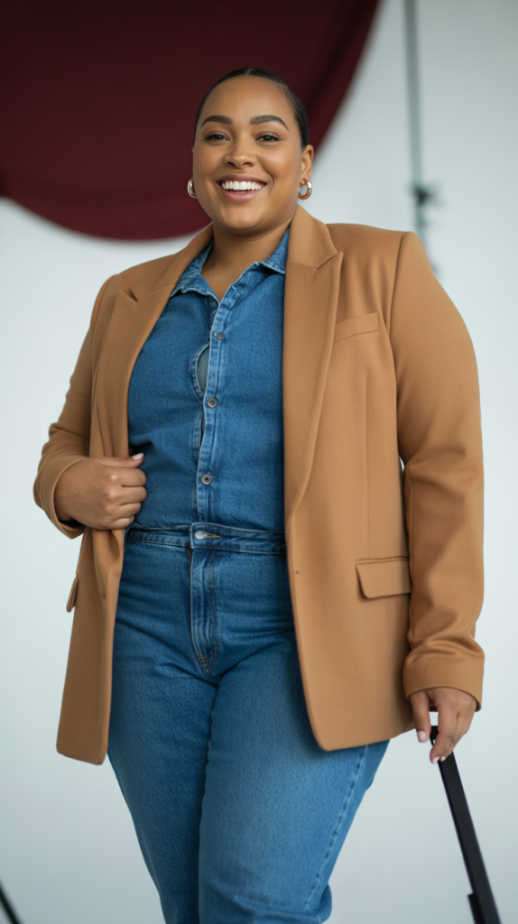  Medium-Wash Jeans with Camel Blazer