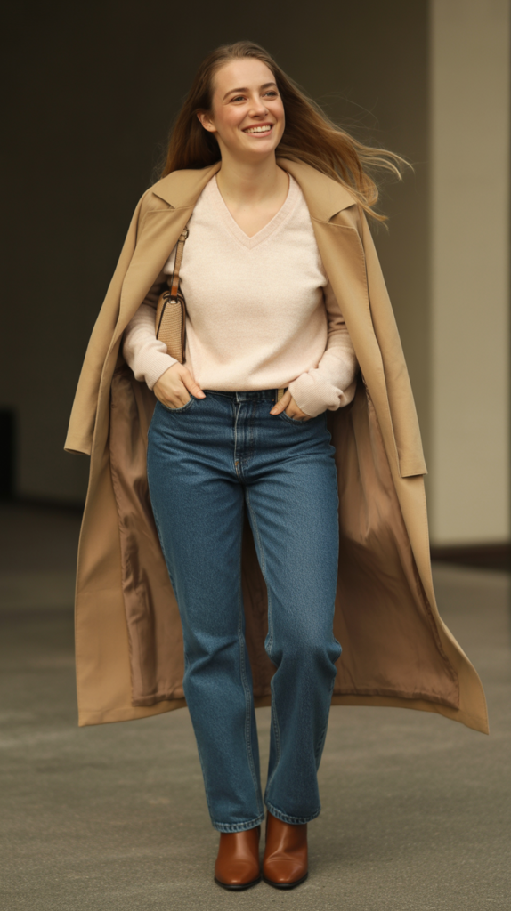 Straight Jeans with V-Neck Sweater and Trench Coat