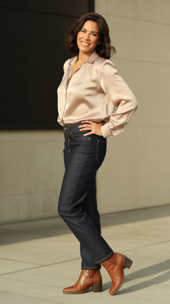 Dark Jeans with Silk Blouse and Ankle Boots