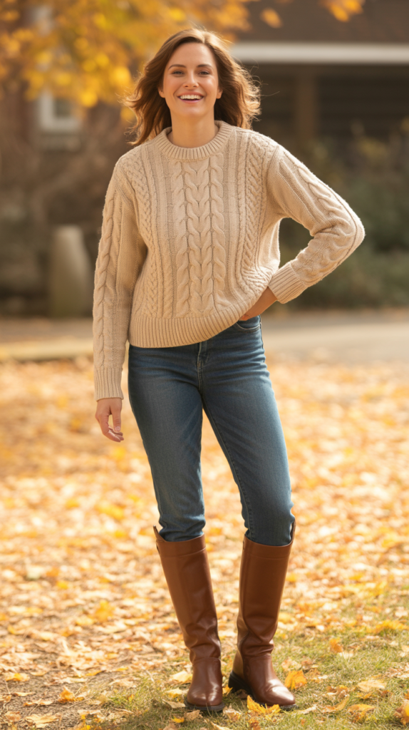Jeans with Cable Knit Sweater and Riding Boots