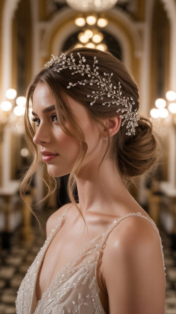 30+ Half-Up, Half-Down Wedding Hairstyles That Will Take Your Wedding Look to the Next Level 9 . Half-Up with Hair Jewelry