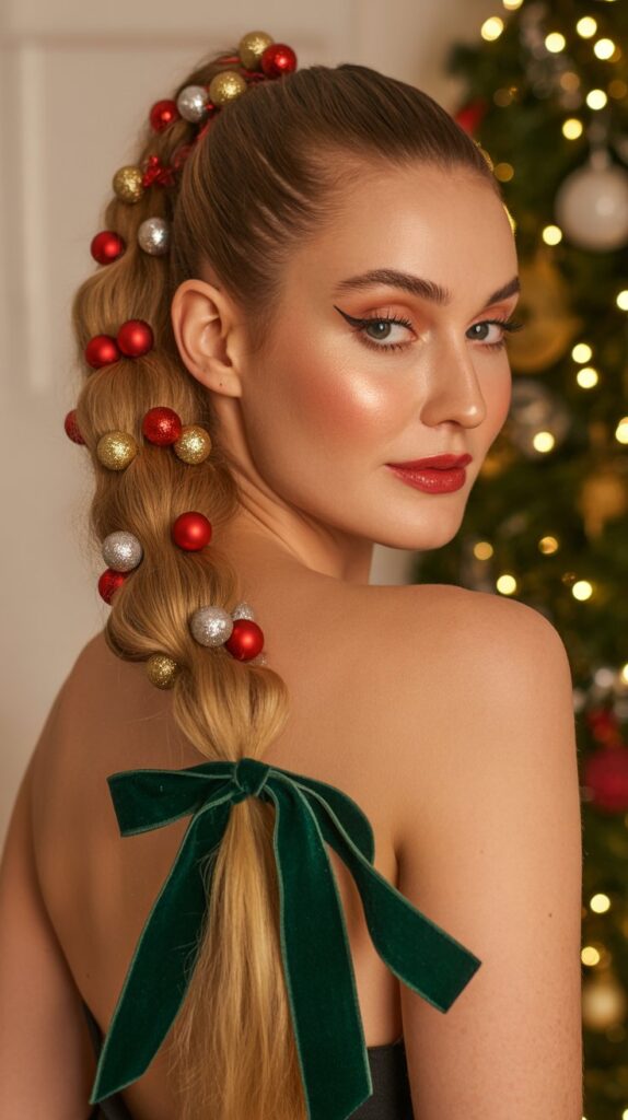 27 Stunning Christmas Tree Hairstyles to Shine Bright at Any Party 4 Ornament-Adorned Ponytail