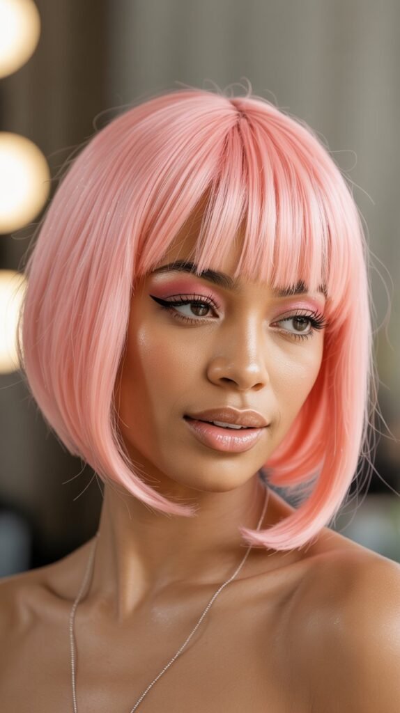 Pastel Pink Bob with Blunt Bangs