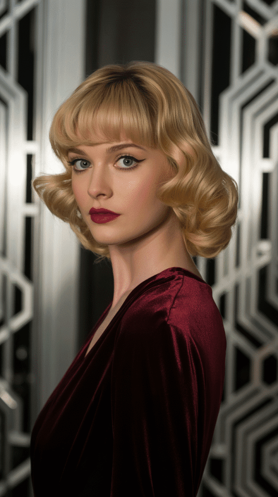 30+ Classy Bridesmaid Updo Hairstyles with Bangs 21 Pinned Wave Updo with Feathered Bangs