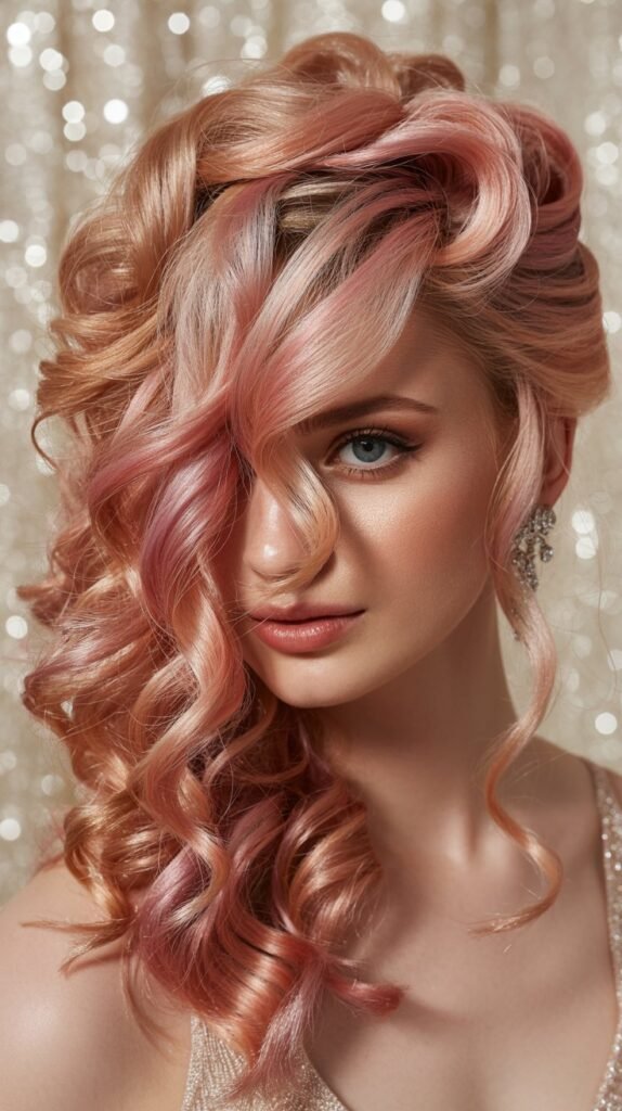 Romantic Rose Gold Curls with Side Sweep