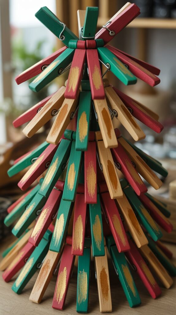 Best 30 Beautiful Wooden Christmas Trees to Try This Year 28 . Wooden Clothespin Wreath-Style Tree