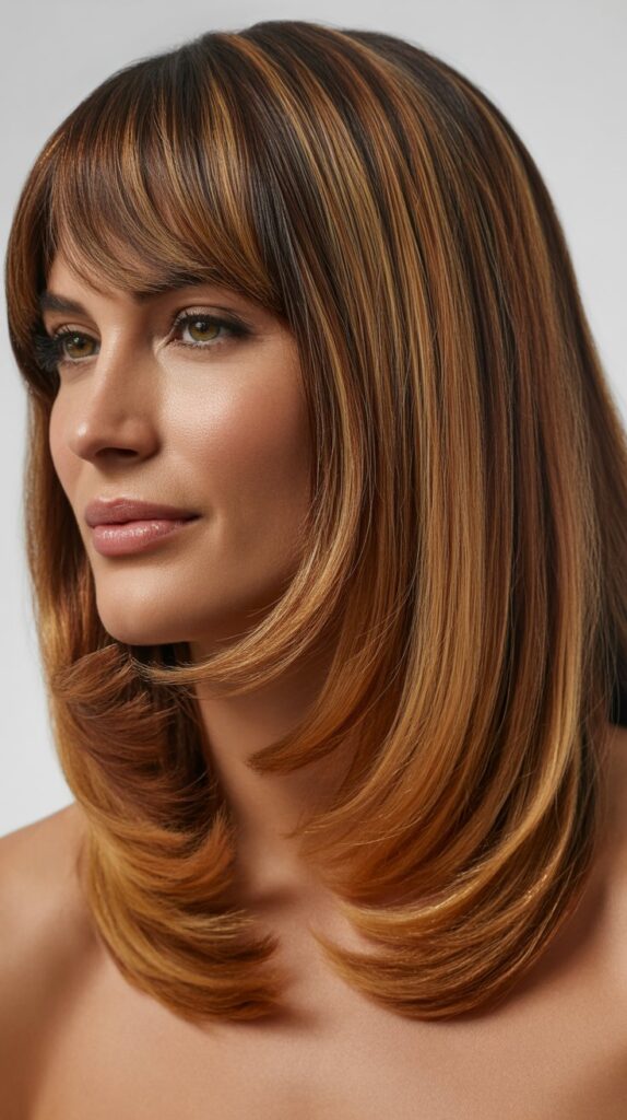 30 Stylish Long Bob with Curtain Bangs for Women Over 40 7 Long Bob with Curtain Bangs and Balayage