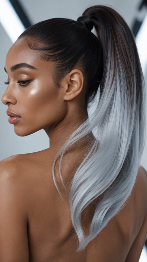 Black and Silver Ombre Sleek Ponytail
