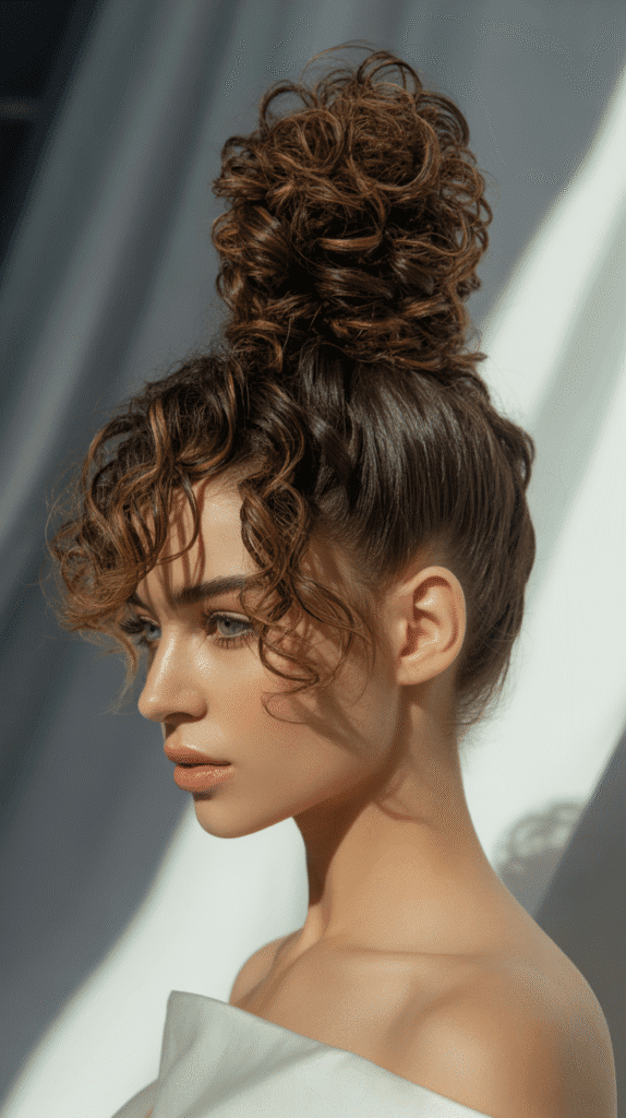 Best 33+ Updo Wedding Hairstyles for Curly Hair 33 Voluminous Curly Top Knot Bun