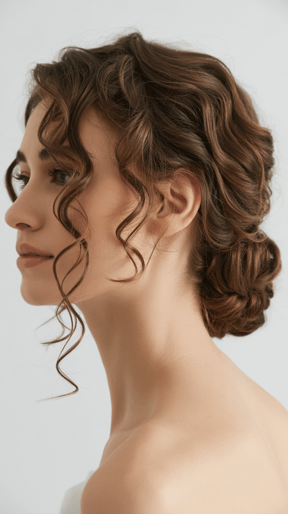 Best 30+ Wedding Hairstyles for Long Curly Hair 11 Asymmetrical Low Bun with Textured Pieces