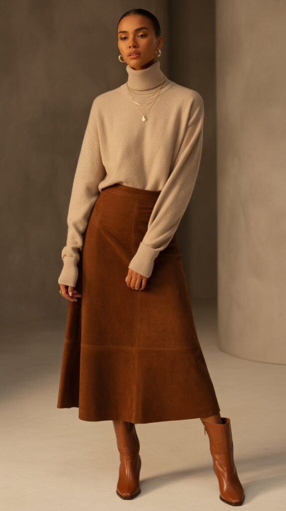 28 Classy Winter Outfits for Women for an Elegant Cold-Weather Look 24 Beige Turtleneck with Chocolate Brown Skirt