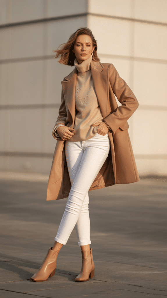 30 Chic Casual Fall Outfits for Women with Jeans 11 Camel Coat and White Jeans